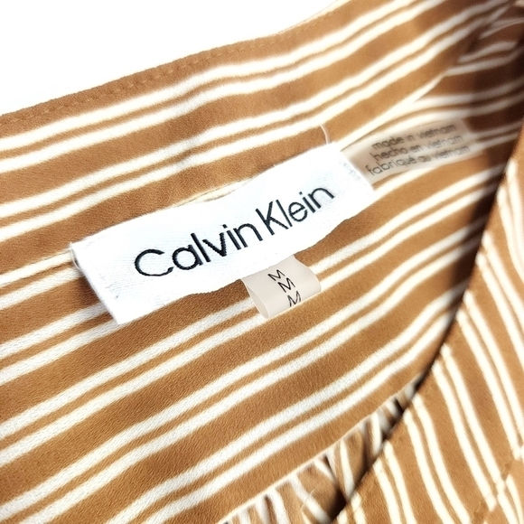 🔴 Calvin Klein Camel Tan Cream Striped Bubble Sleeve Top Sz M - Picture 5 of 11